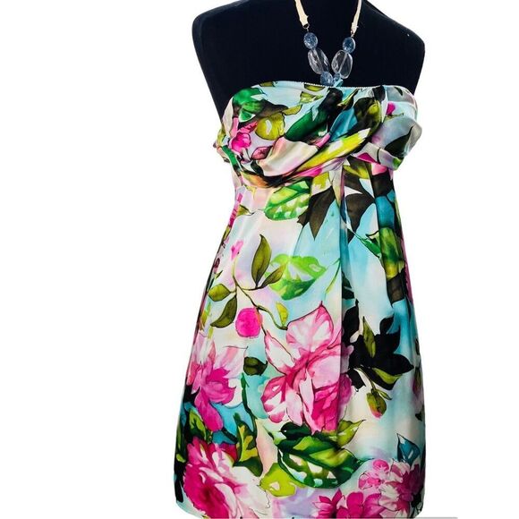 Andrea Behar Floral Halter Mini Dress — Beaded Neckline, Multicolor, Size 4 - Picture 3 of 7